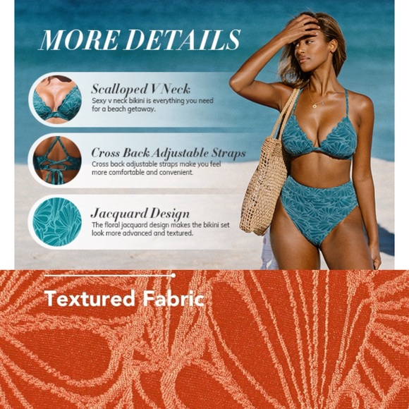 NWT Bikini Set for Women Bathing Suit High Waisted Scalloped V Neck Two Pieces S - Picture 4 of 17